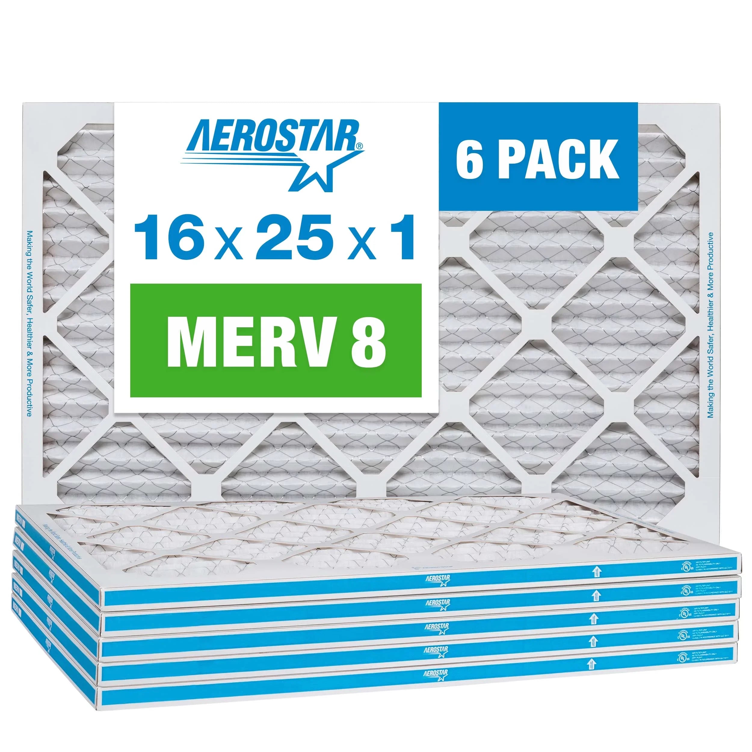 MERV 16x25x1 Air 8 Air Pleated Filter, Filter, Furnace AC 6 Aerostar Pack