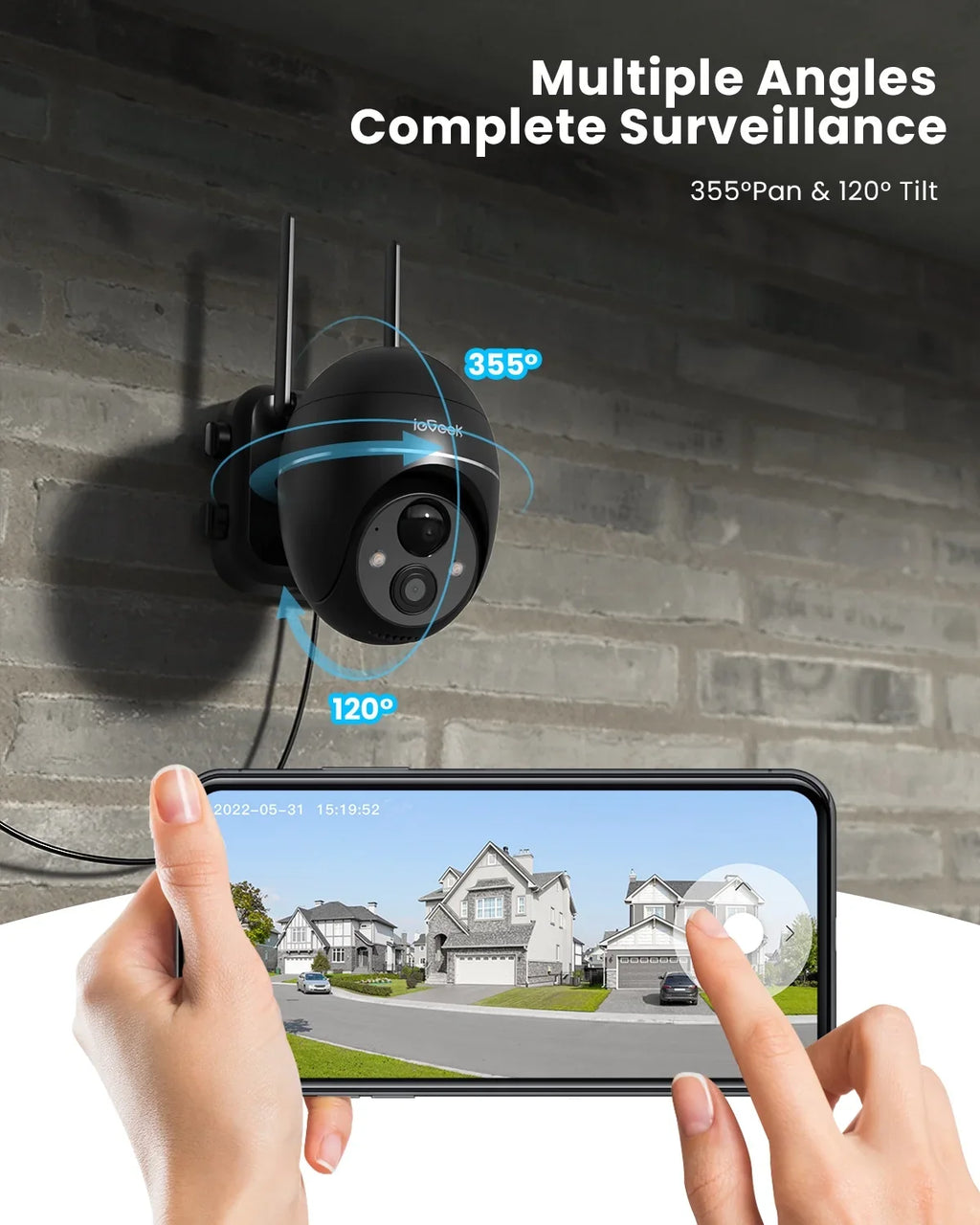 Camera PIR 360° Night Solar Camera with Wireless Spotlight Outdoor WiFi, & 2K/3MP PTZ Color Siren, Detection, Surveillance Security View, Motion Vision, Outdoor Work with Alexa