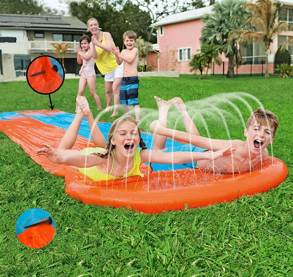 Racer Water Water Sprinkler Slides Adults (Yellow Blue) & Double Kids with Lawn Slide Slip Summer Toys ,16Ft Water Toy + with Terra for Splash