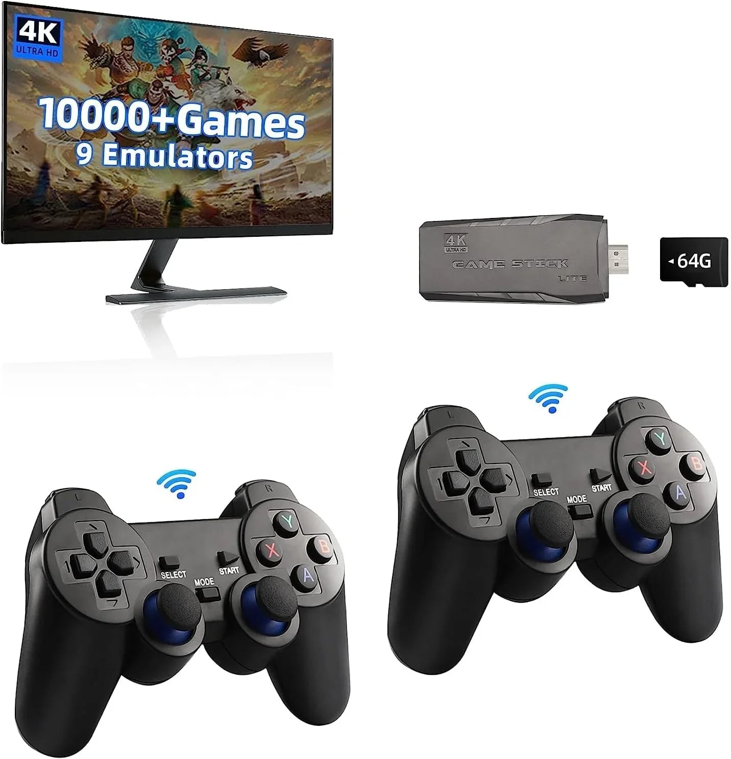 Game (64G) Wireless Retro Built Video Retro 9 Output Plug HD Play Emulators, in Console and 10000+ Stick,Wireless with Stick Game Game 2.4GHz 4K Games, Controllers