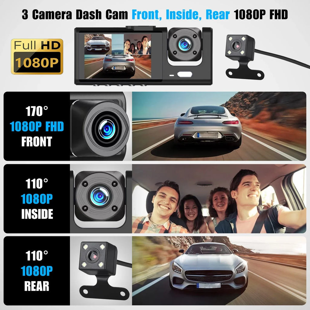 Card, Parking Front W/IR Triple Camera Vision, Night Dash W/32GB Rear Three for Monitor 1080P Loop Car HD Inside Dash and 3 TF G-Sensor, Cam Way Recording, Camera Full Cars, Dashcam Channel