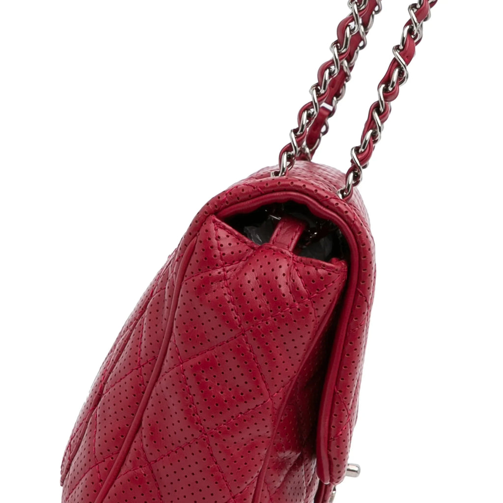 Classic Pre-Owned Chanel Single Bag Lambskin Authenticated Red (Good) Shoulder Perforated Leather Unisex Jumbo Flap