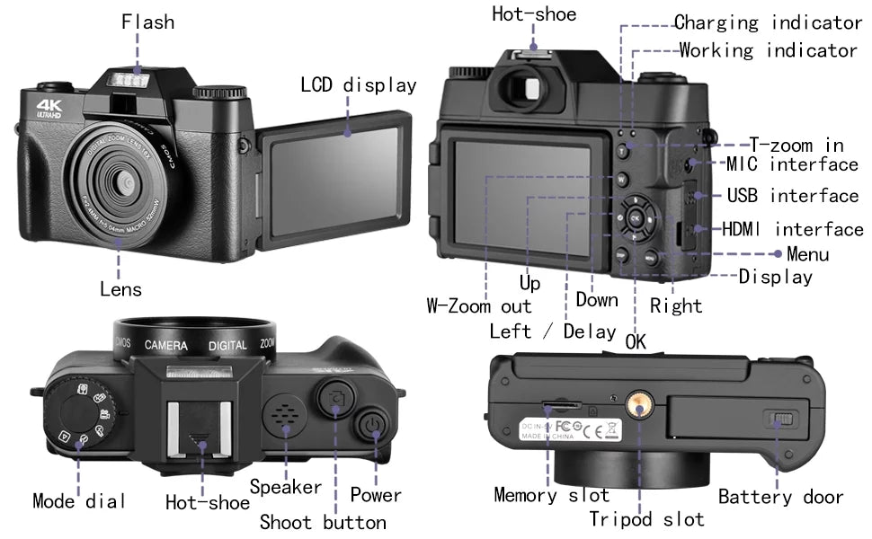 Screen,Wide-Angle GB Flip Batteries(Black) Lens,32 Micro Digital 48MP Camera with Kids 180° Lens,Macro Adults Card,2 Camera,Digital Vlogging and for Photography,4K for Camera