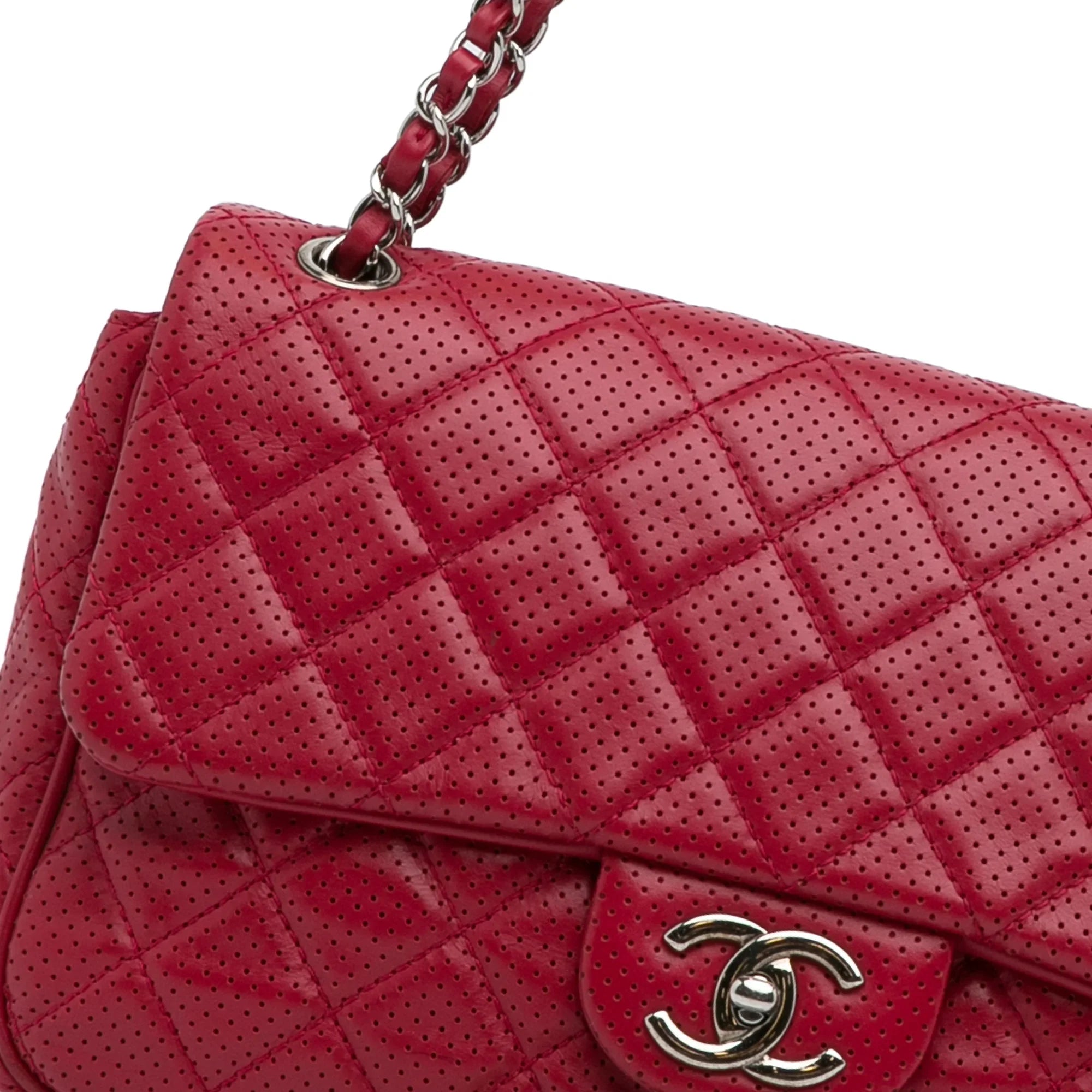Classic Pre-Owned Chanel Single Bag Lambskin Authenticated Red (Good) Shoulder Perforated Leather Unisex Jumbo Flap
