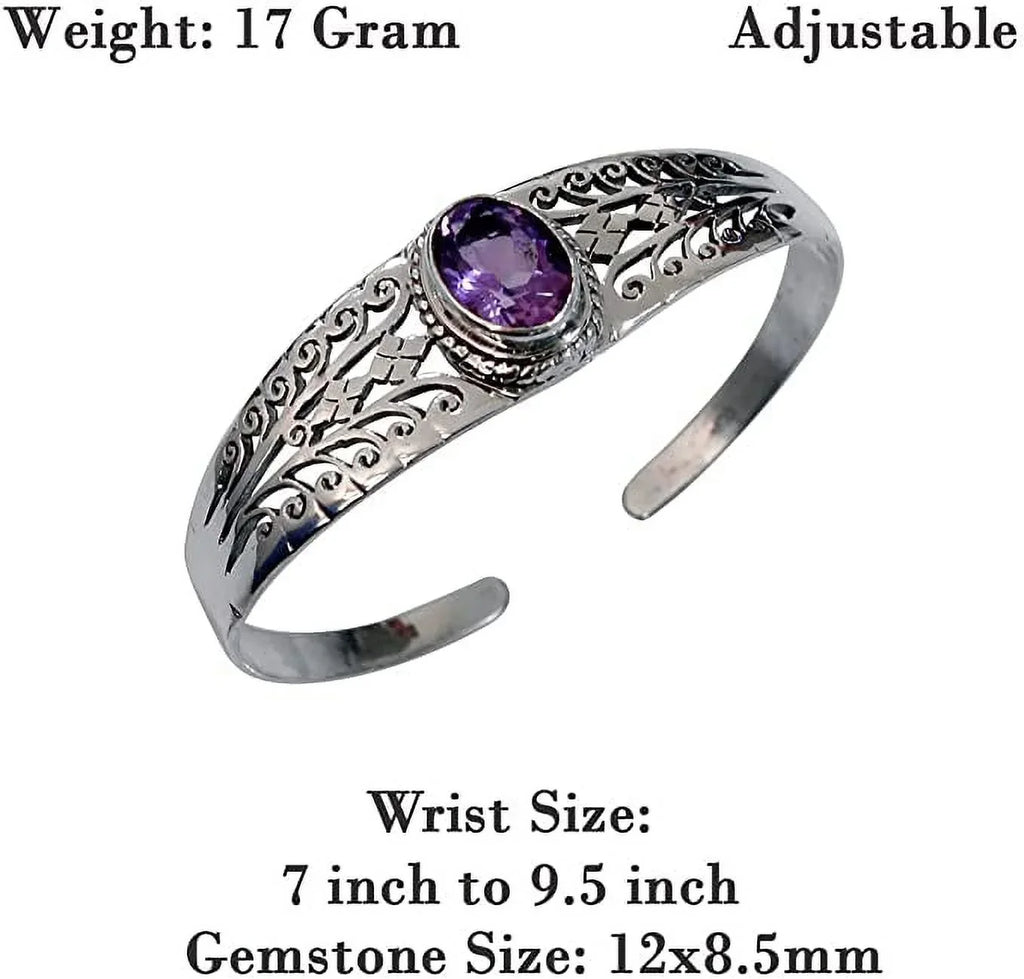 Men Fashion Adjustable Gifts Bracelets, Purple Bracelet for Jewelry 925 Designer Amethyst Genuine Gemstone for Cuff Silver Handmade Women, Sterling Genuine