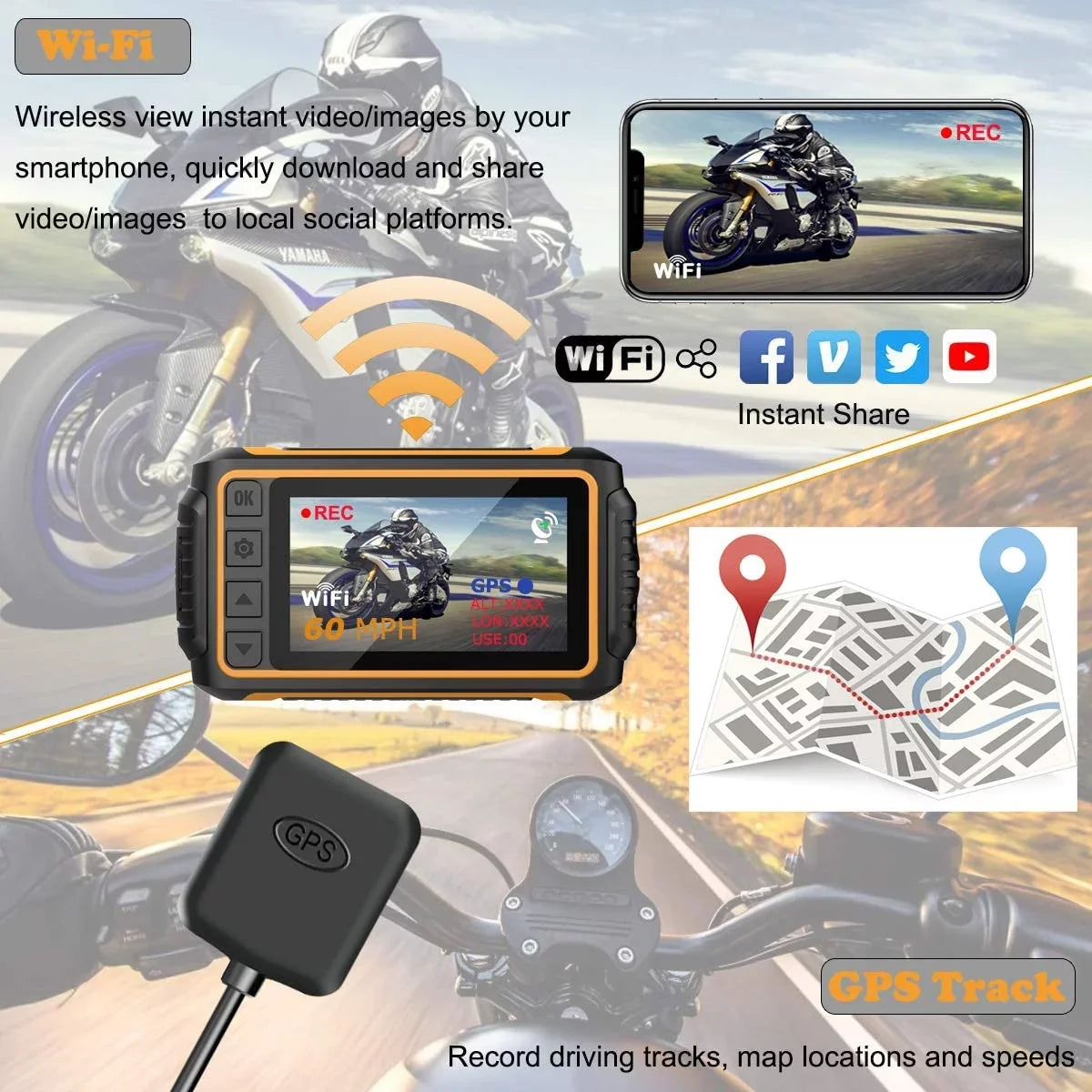 to and Rear Cam up 256GB Recording LCD Wi-Fi, Waterproof FHD Max Camera Control, for with G-Sensor, Motorcycle, Wide 3'' ZOMFOM Front 150° Lens GPS, Waterproof Wired 1080P Dash and EIS Angle