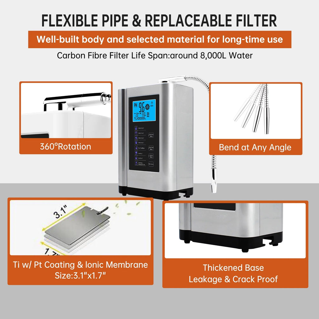 Settings,Auto-Cleaning,Intelligent Water Water Water Filter,7 Alka -500mV Acid to ORP, Alkaline Machine 8000 Purifier Water Per 3.5-10.5 Liters Voice(Silver) PH Machine,Up Ionizer,