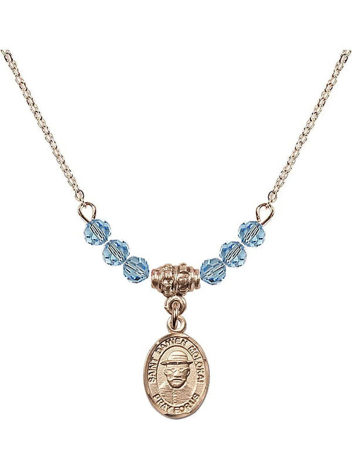 Gold Saint Hamilton March Plated Necklace 18-Inch Molokai Birth and Stone of Month Damien Blue with 4mm Charm Beads