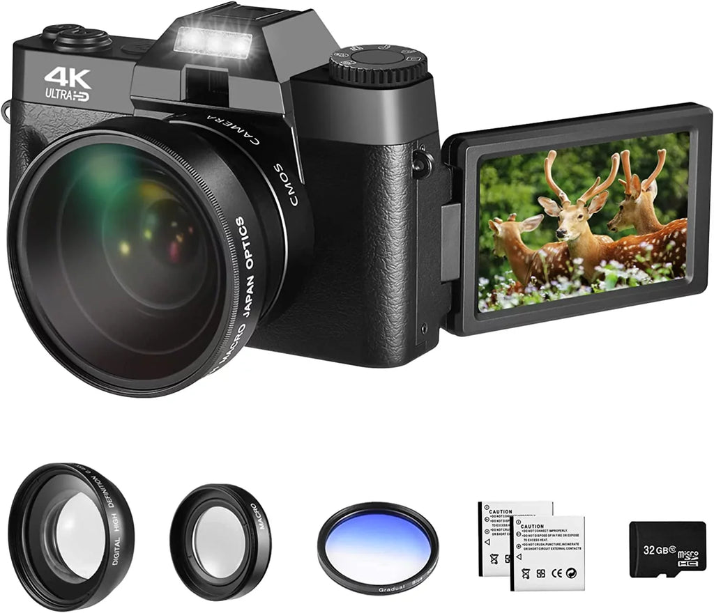 Screen,Wide-Angle GB Flip Batteries(Black) Lens,32 Micro Digital 48MP Camera with Kids 180° Lens,Macro Adults Card,2 Camera,Digital Vlogging and for Photography,4K for Camera
