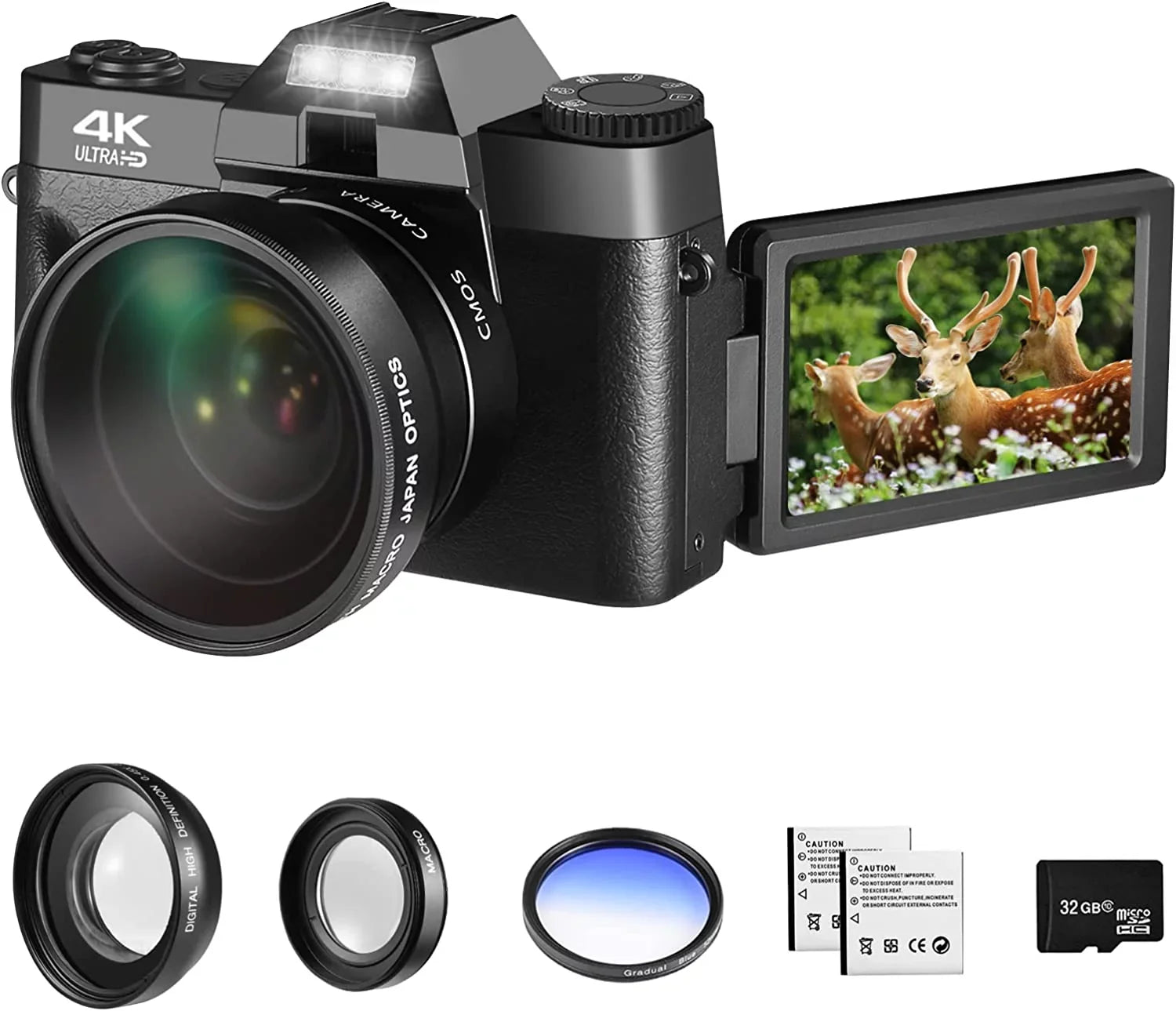 Screen,Wide-Angle GB Flip Batteries(Black) Lens,32 Micro Digital 48MP Camera with Kids 180° Lens,Macro Adults Card,2 Camera,Digital Vlogging and for Photography,4K for Camera