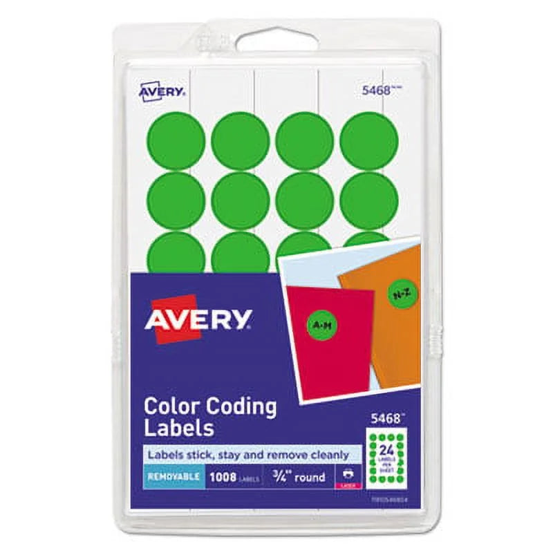 Removable Avery Labels, (5468) Self-Adhesive dia, Color-Coding 2PK Printable Green, 24/Sheet, Sheets/Pack, 0.75" (05468) 42 Neon
