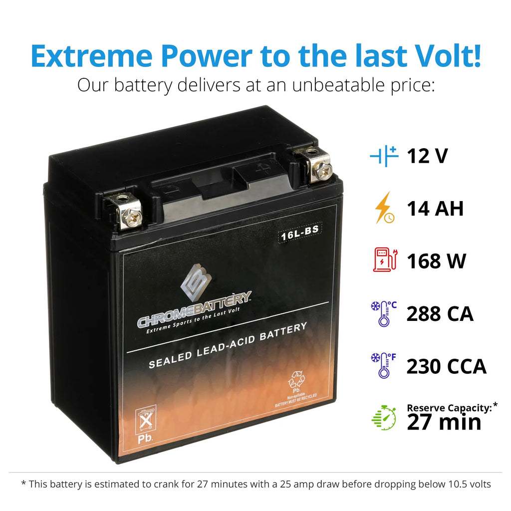 for Sx (16L-BS 550cc Js550 Kawasaki CCA) 86-'95 230 12 Chrome Battery Jet Ah, Ski Battery Volt,14 YTX16L-BS