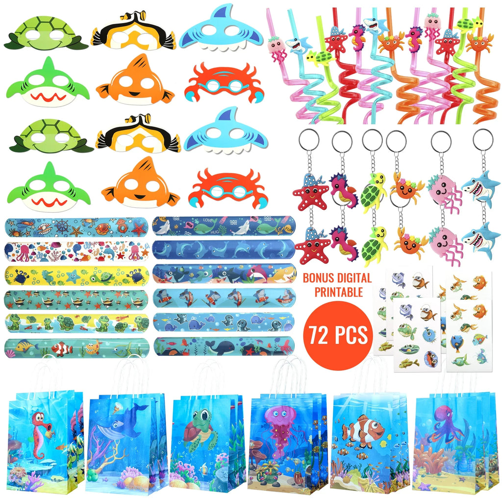 Keychain The Party Style Supply Sea Birthday The Kids Animal Ocean Pcs Stickers party Sea Bags 72 12 Set For Favors, of Under Treat Straw Under Mask
