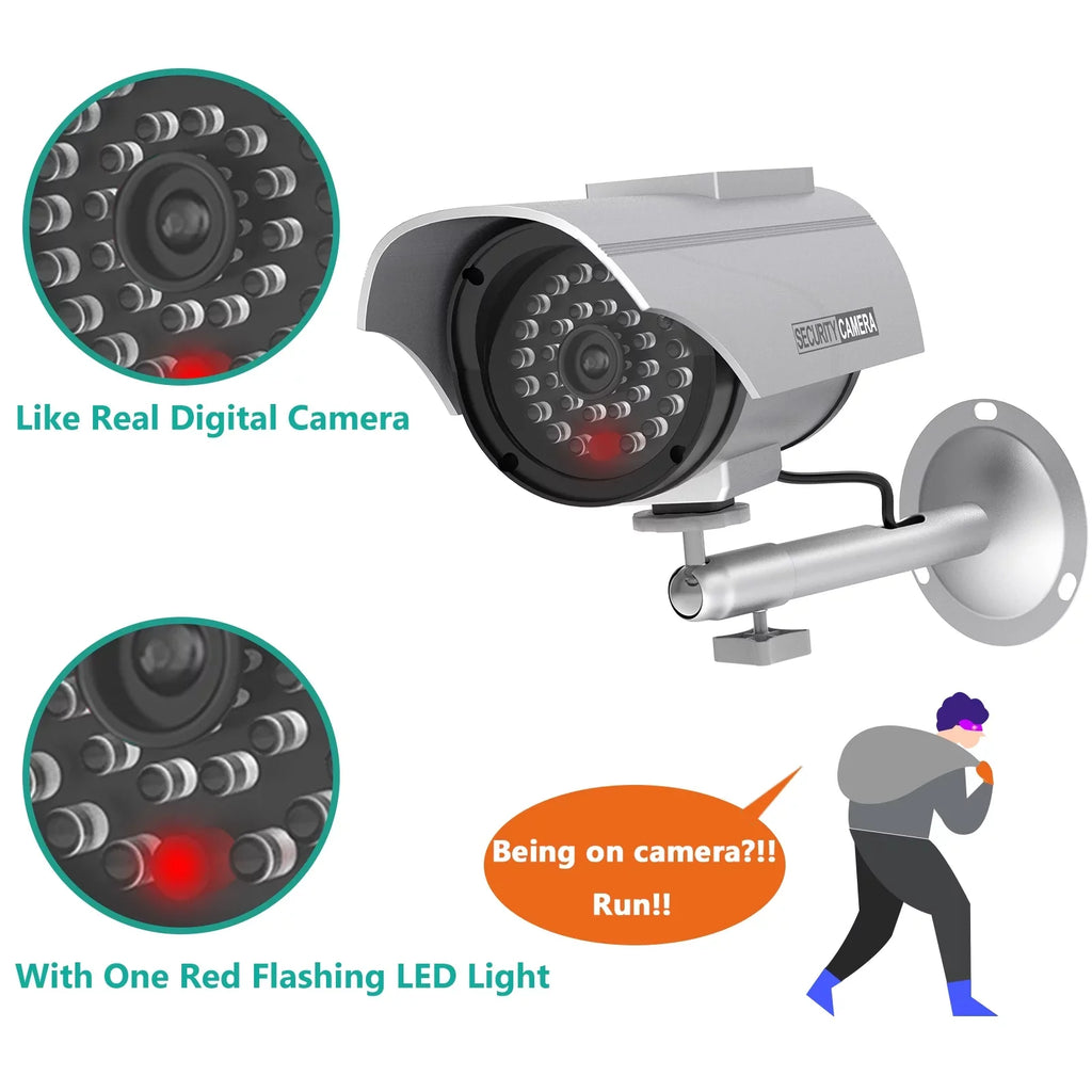 Sticker Surveillance Silver Solar LED CCTV Dummy with Camera Security Indoor Simulated Powered 4 Security 1 Alert Decal Dome Bullet Fake Outdoor (SOLTC-S4), WALI Light, Packs,