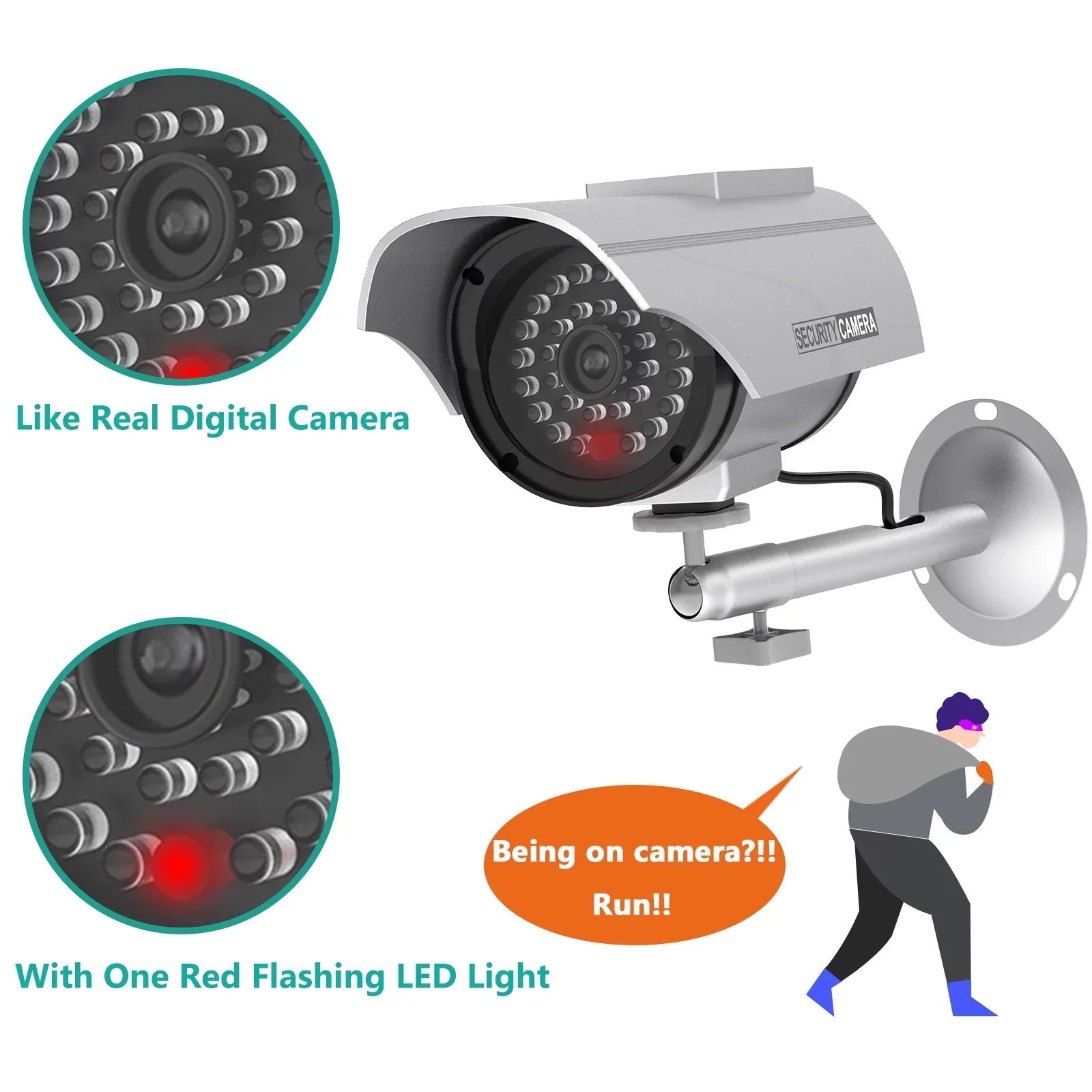 Sticker Surveillance Silver Solar LED CCTV Dummy with Camera Security Indoor Simulated Powered 4 Security 1 Alert Decal Dome Bullet Fake Outdoor (SOLTC-S4), WALI Light, Packs,