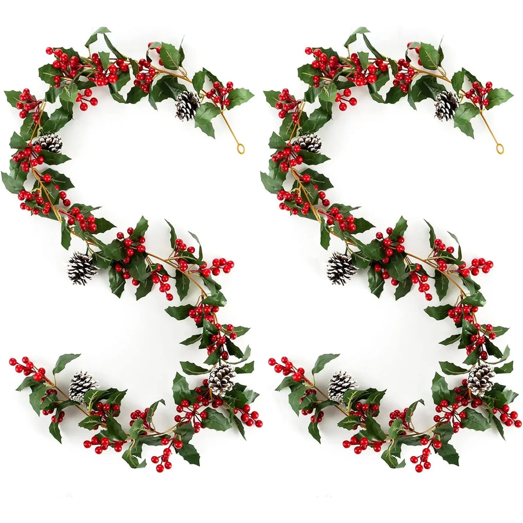 Berry Christmas Pcs Blosmon Door DIY Christmas Garland Fireplace for Kitchen Red 5.9Ft Party Leaves Outdoor 2 Holiday Garland Decor Decorations Artificial Indoor Pinecones
