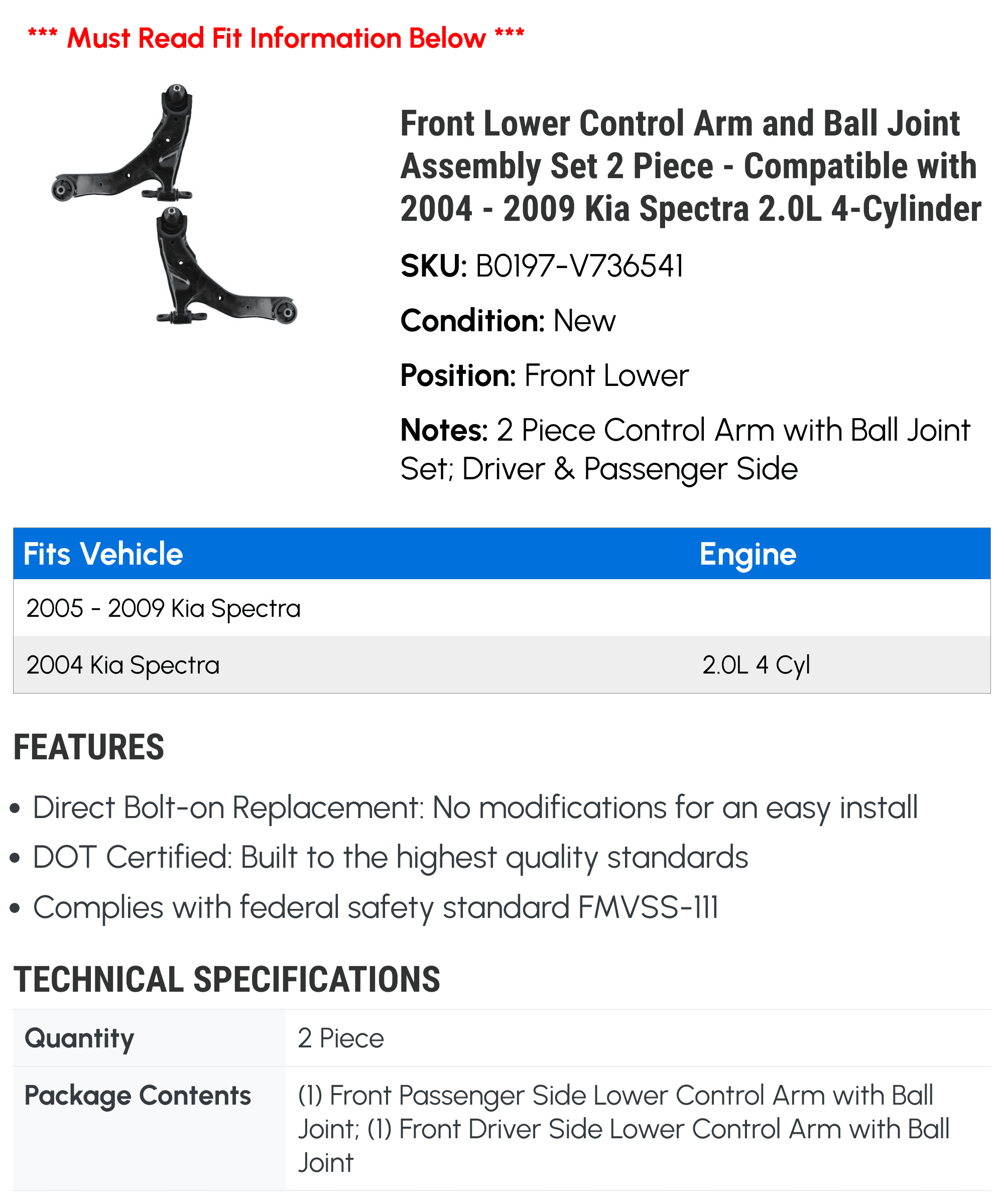 Front Kia 2.0L 2008 2004 2 Control Arm 2006 2007 2009 with - Joint Set 2005 Piece Compatible and Ball Spectra Assembly Lower 4-Cylinder -
