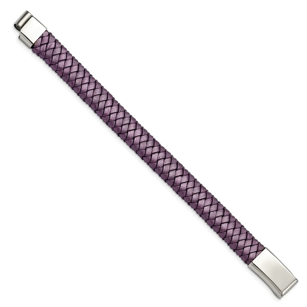 Leather in Steel mm Rubber Purple Stainless Bracelet 7.5 16 Chisel & Braided Metallic Cord, Polished Women's