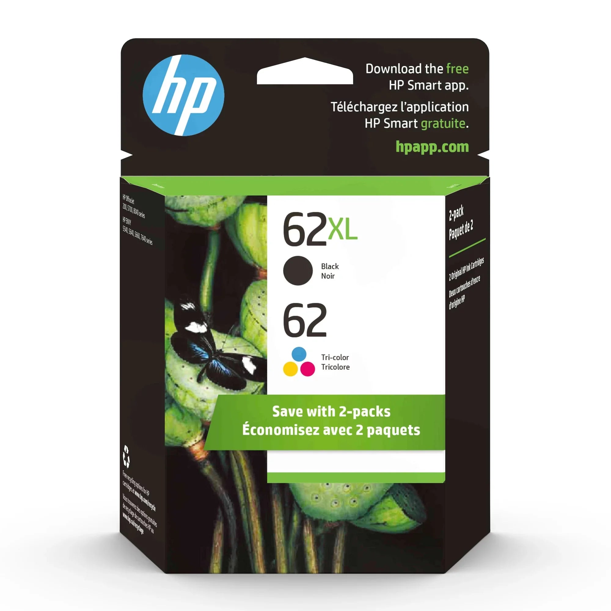 Black/62 Ink Cartridges, Tri-Color N9H67FN, 62XL HP 2/Pack