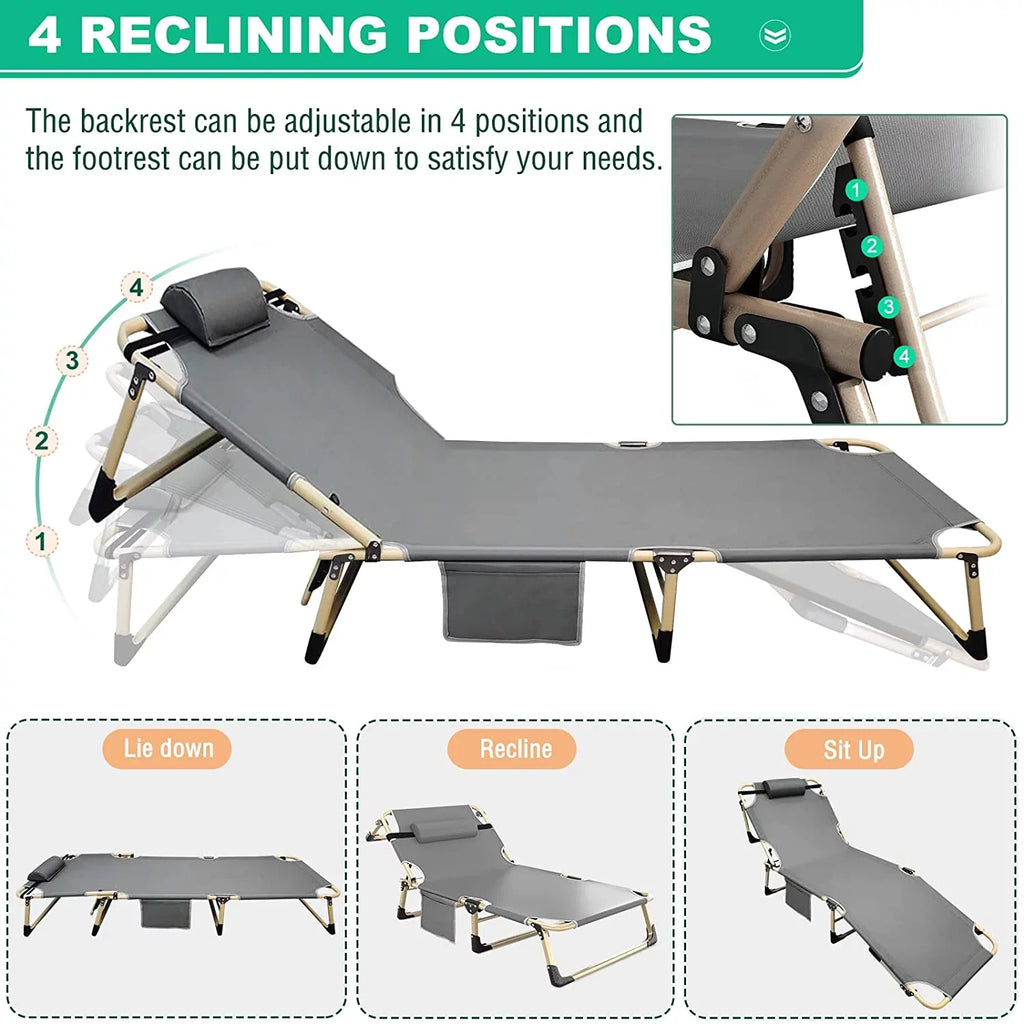 Chaise Chair,Camping Patio Garden Recliner Adjustable Mattress, Lounge Outdoor/Indoor ABORON Portable Pillow Folding and for 4-Fold with Beach Cot,