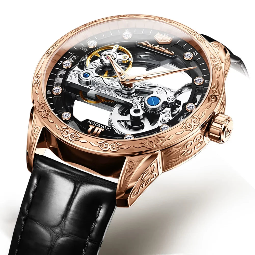 Rose Black Men's Luminous Watch Automatic Skeleton Mechanical Transparent