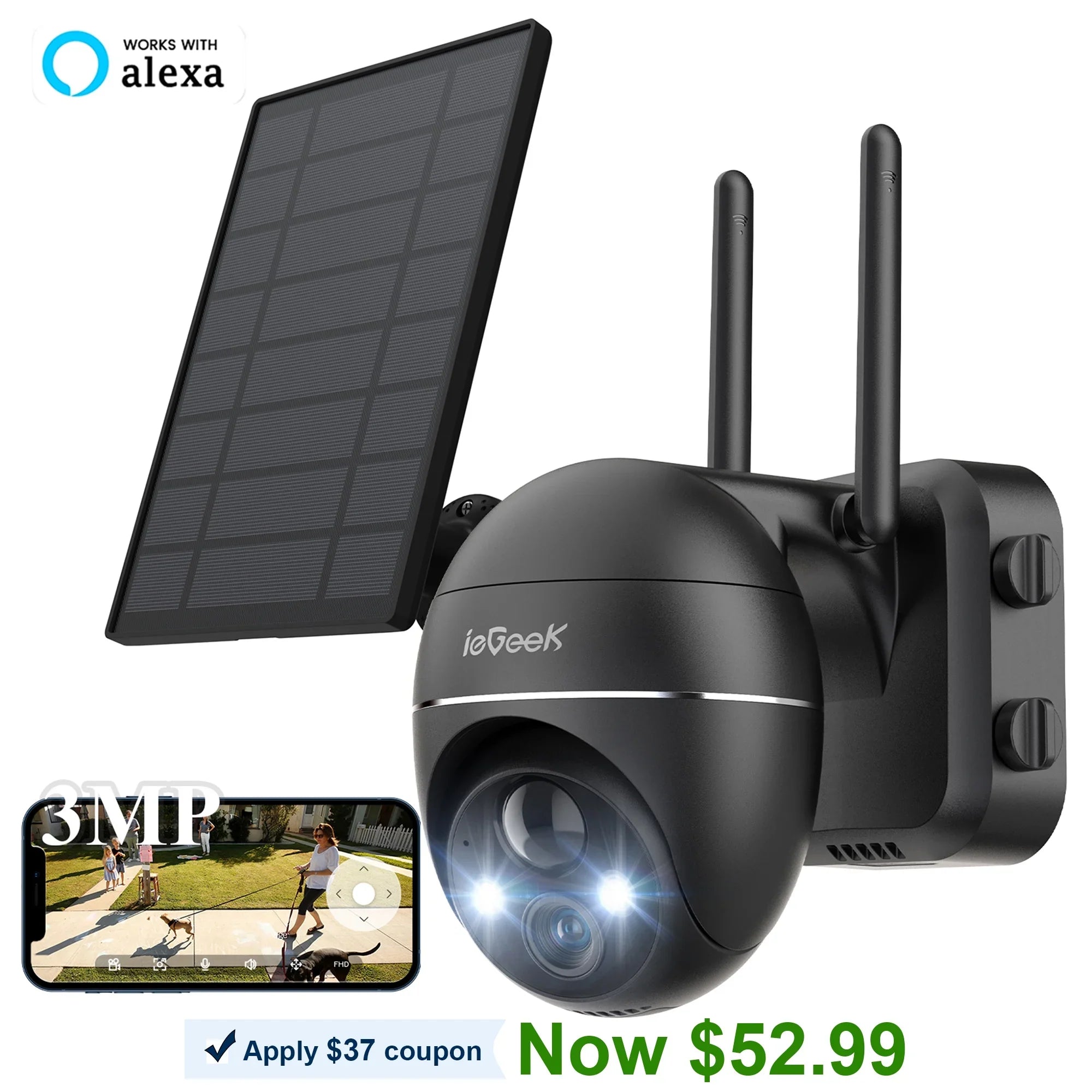 Camera PIR 360° Night Solar Camera with Wireless Spotlight Outdoor WiFi, & 2K/3MP PTZ Color Siren, Detection, Surveillance Security View, Motion Vision, Outdoor Work with Alexa
