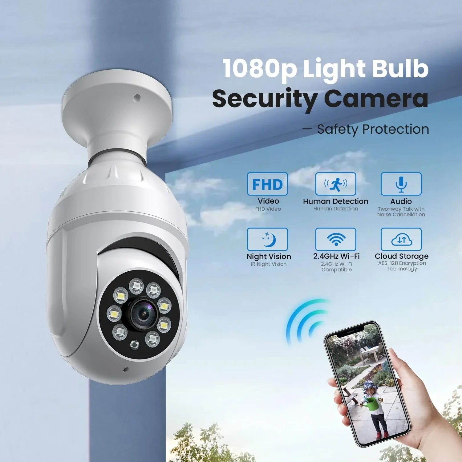 Light View, 355° BITEP Panora Live Human 2-Way Bulb Security Detection, Camera, Dome 1080p Cam, AI
