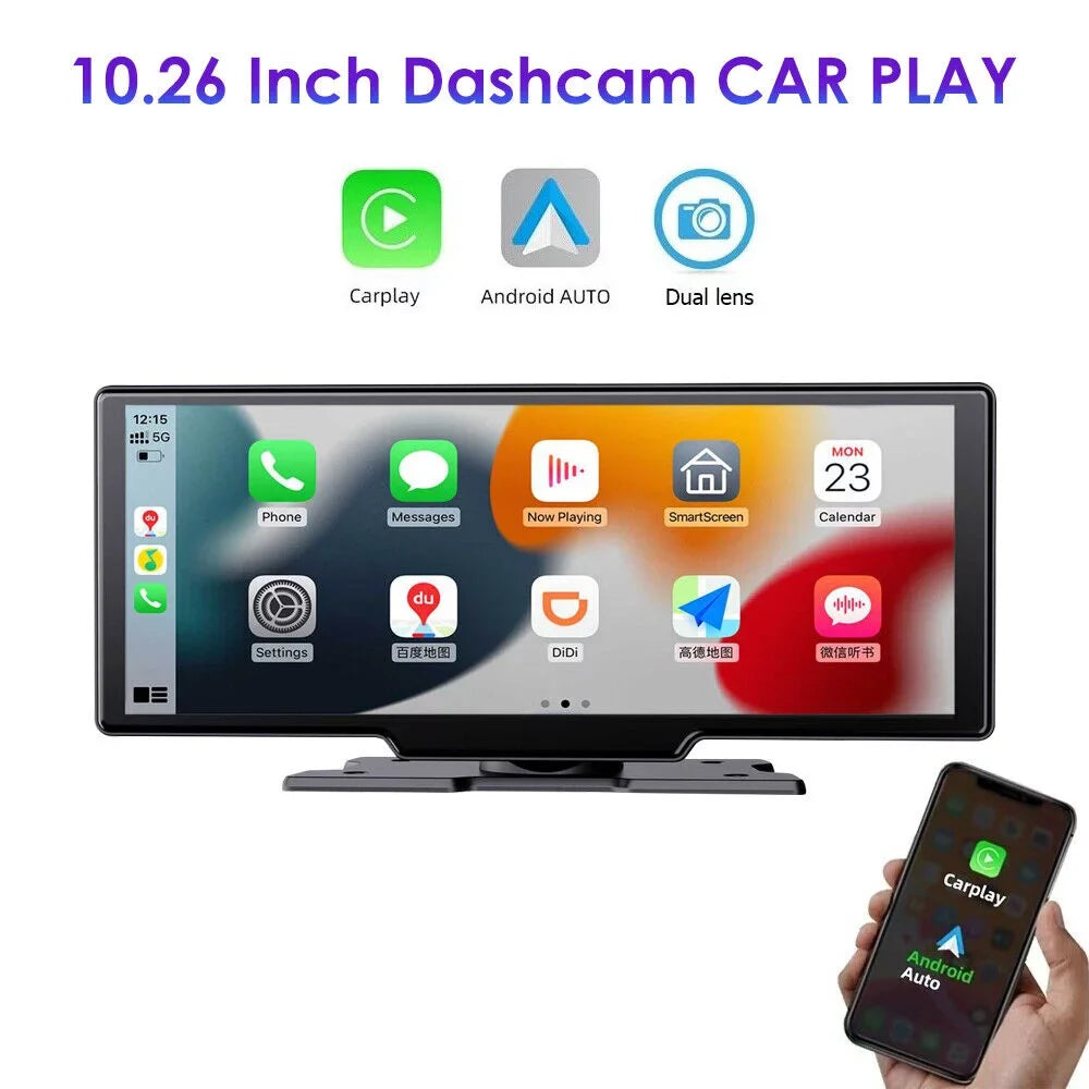 Car Dash 2K Compatibility Carplay Auto Touch Android DVR Screen and Camera Smart - Wireless WIFI KingFurt Resolution Stunning 10.26''