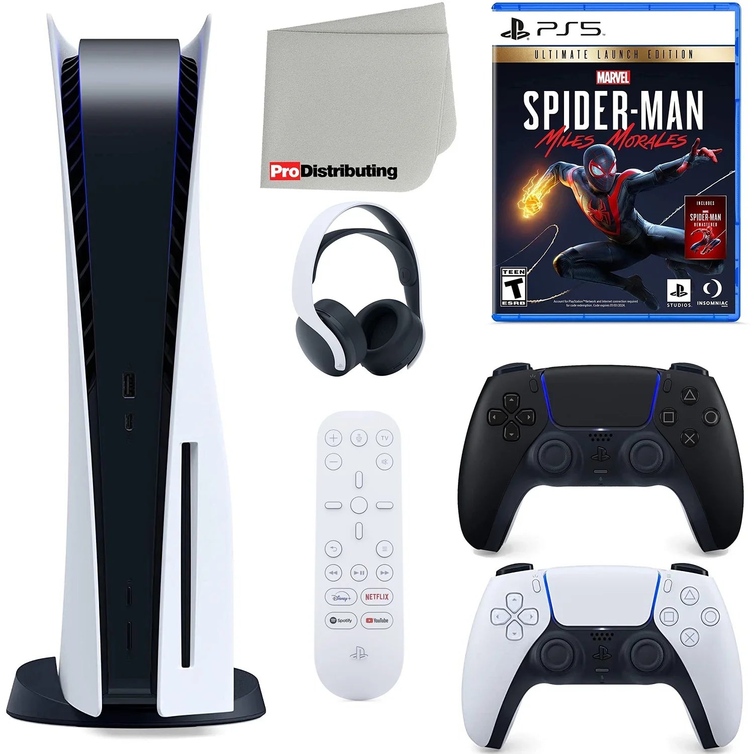 Media Morales Midnight Version Spider-Man: Disc) Microfiber PS5 Miles and (Sony Ultimate Launch Disc Remote, Bundle Controller, Headset, 5 Cleaning Sony Edition Black Cloth with Playstation Extra
