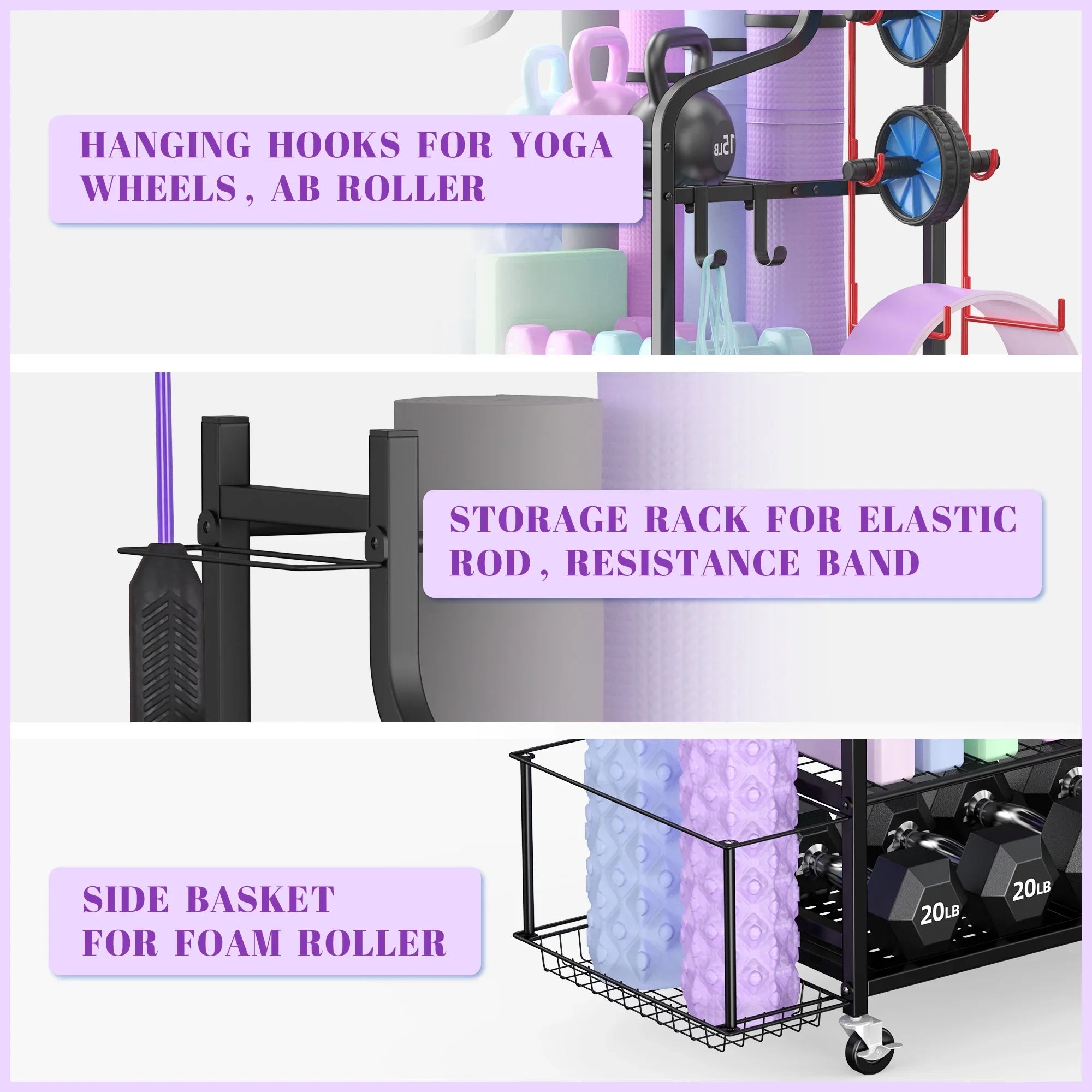 Mat Hooks with Home Storage Organizer Racks, Workout Yoga Rack, Equipment Wheels Storage Mythinglogic Gym Storage