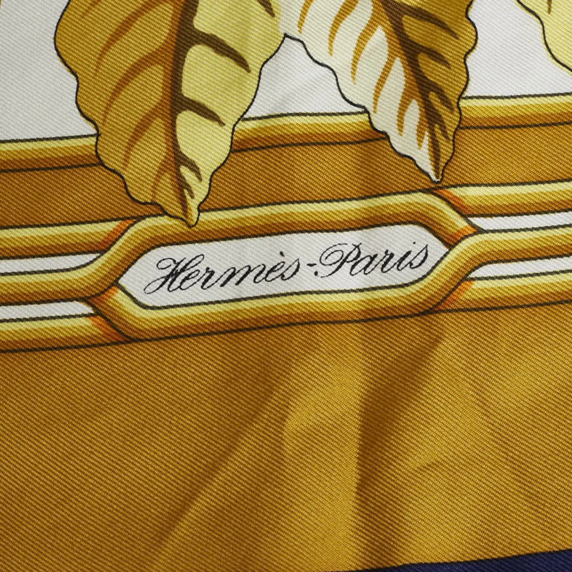 Gold Hermes Pre-Owned (Good) Muffler HERMES Silk Navy Les Perroquets Bird Carre90 Parrot Scarf detail Ladies