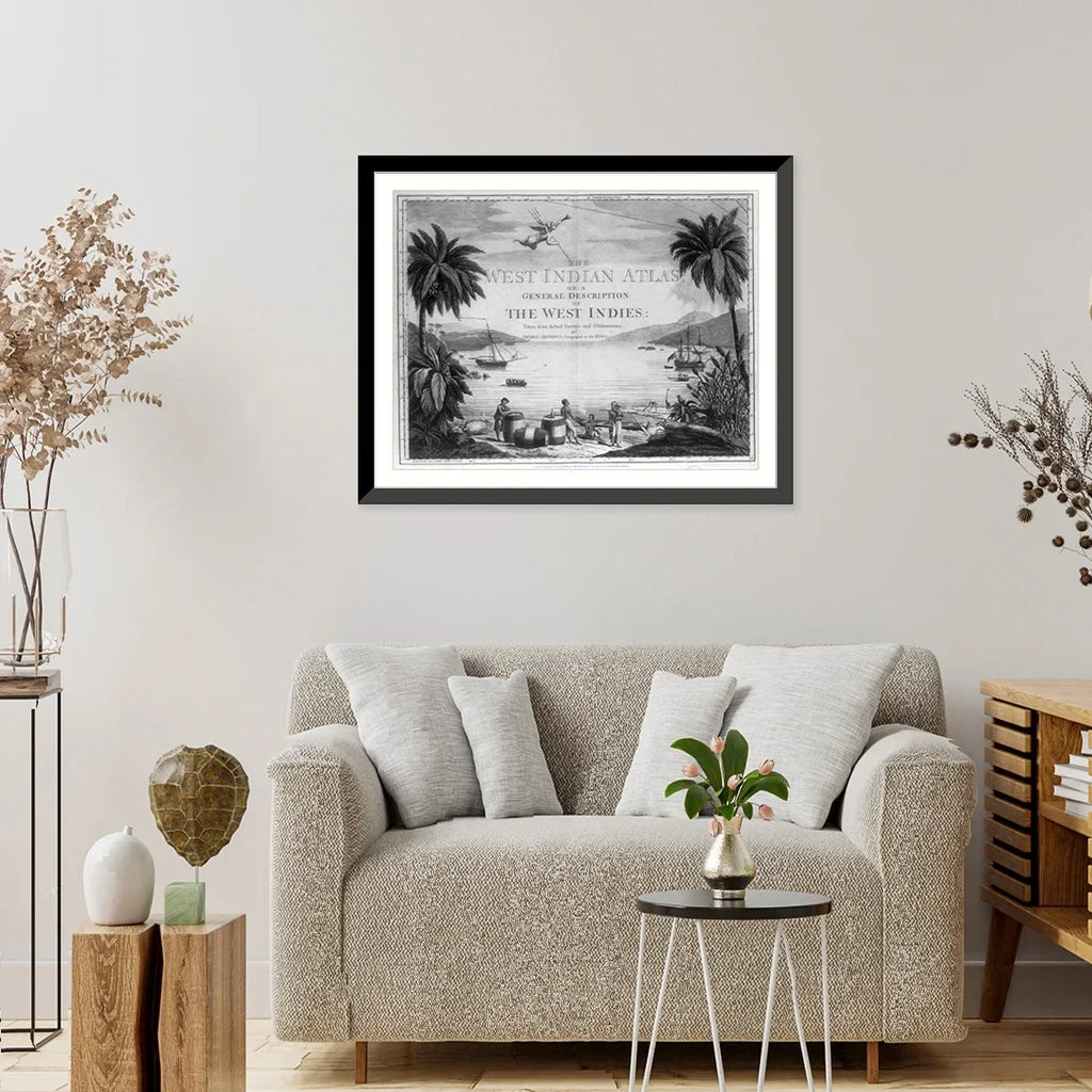 Print, the ships two sailor Natives harbor], with Framed beach and and in showing large British on [A West scene the a in Indies Historic 17-7/8" 21-7/8" casks, the x three