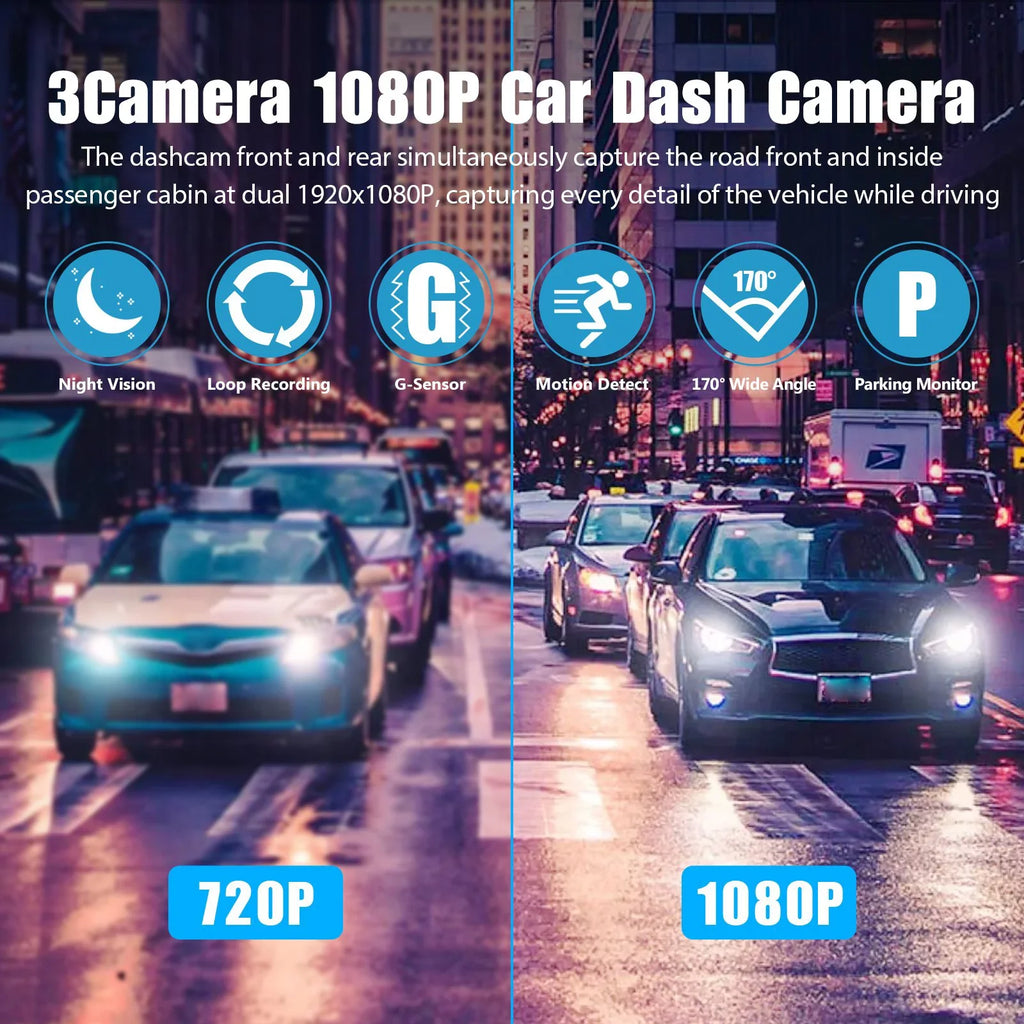 Card, Parking Front W/IR Triple Camera Vision, Night Dash W/32GB Rear Three for Monitor 1080P Loop Car HD Inside Dash and 3 TF G-Sensor, Cam Way Recording, Camera Full Cars, Dashcam Channel