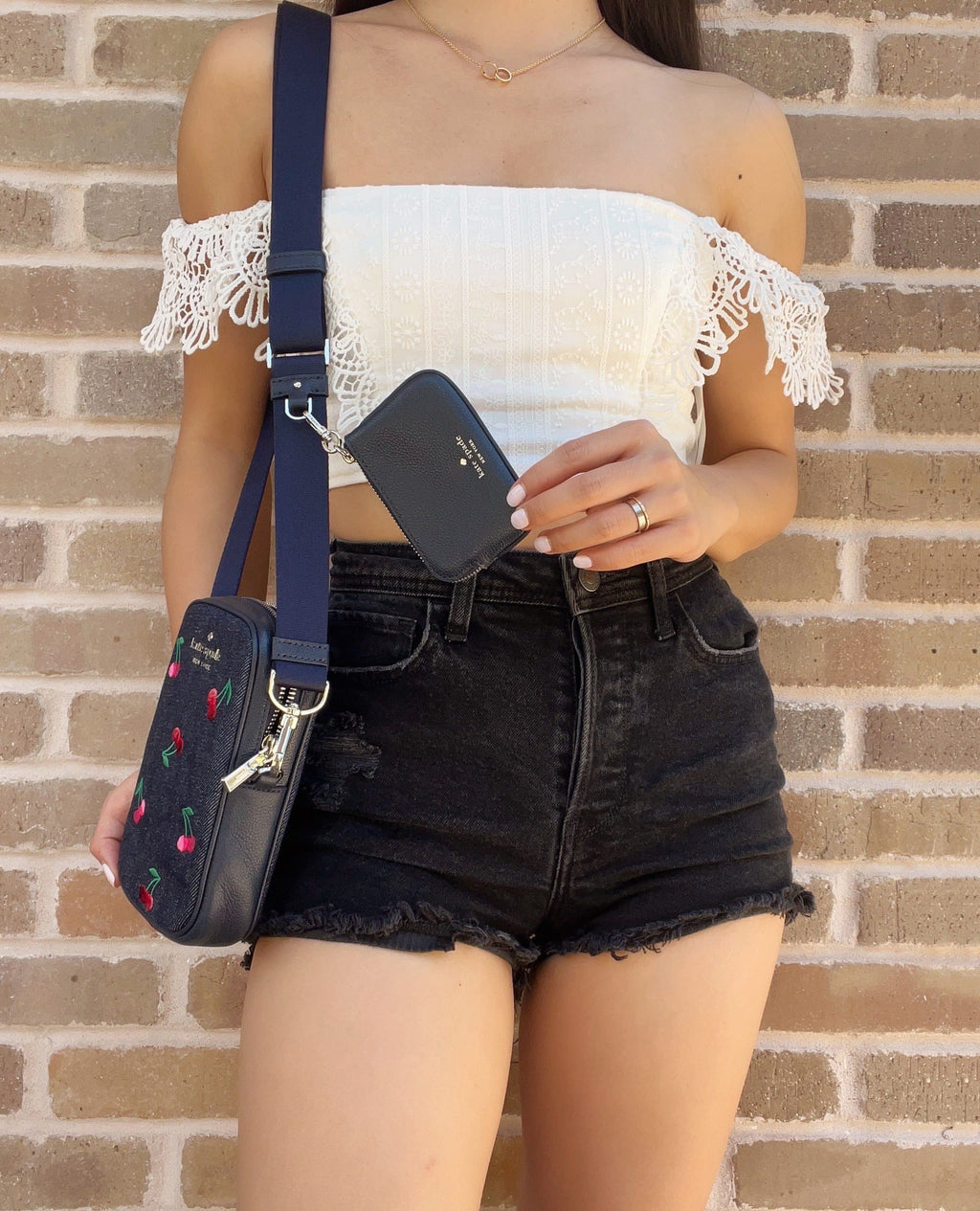 NS Kate Coin Denim Rosie Cherries Crossbody Pouch Spade Zip + Embroidered Phone