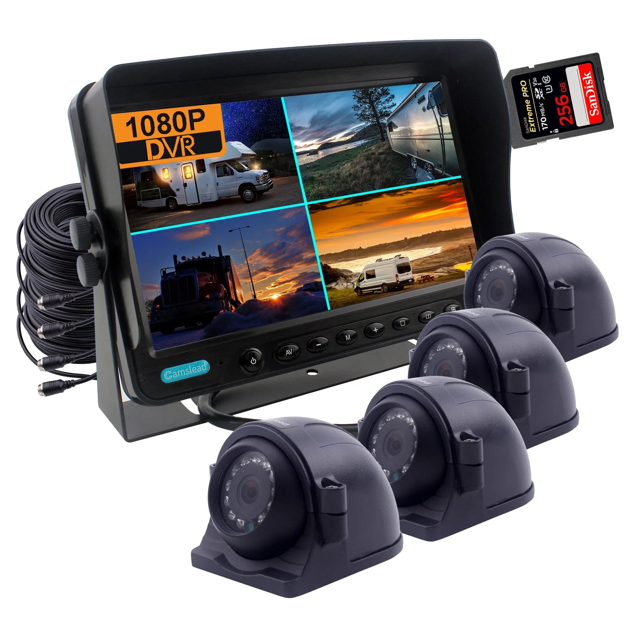 Quad Side HD Input, 1080P for 4 View Channel View CAMSLEAD Heavy monitor Screen, Backup System, Waterproof HD Split Rear Recorder, Camera Trailer Duty digital DVR 4X 1080P Camera inch 9 RV