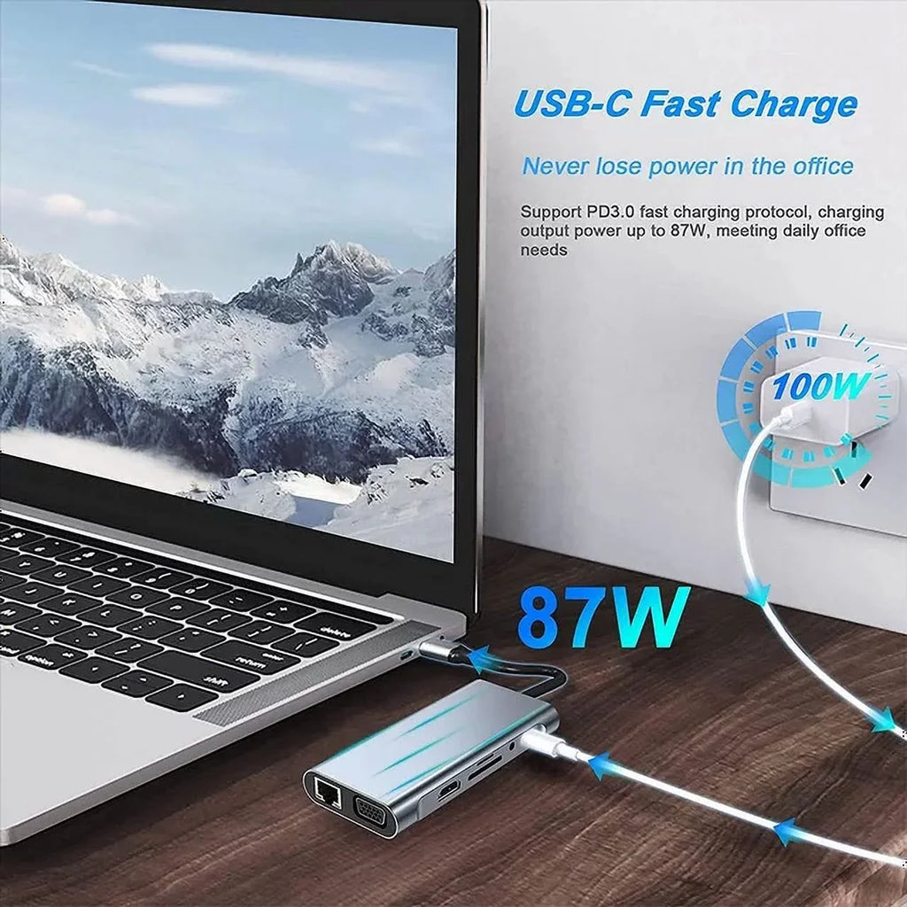 Station A*4, PD100W Pro,Air with 4K Laptop Ports USB 11-in-1 C Dell LAN,SD,MicroSD,Compatible HP Multi-Port 3.5mm with VGA,Type-C Kidsol Gigabit Lenovo Power,USB Docking HDMI, MacBook