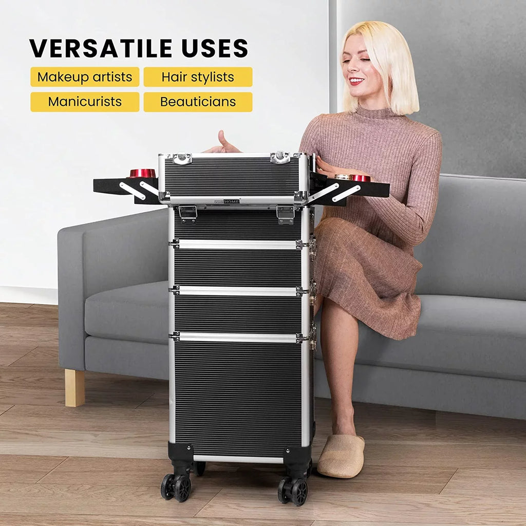 Rolling included) VIVOHOME with not Keys Case Train 4 in Cosmetic Black(Cosmetic are Trolley 2 Straps Shoulder 1 Makeup Aluminum Professional Organizer Box
