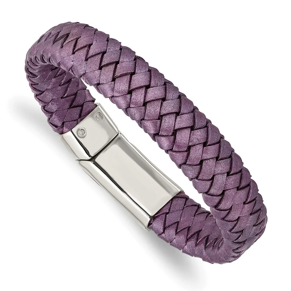 Leather in Steel mm Rubber Purple Stainless Bracelet 7.5 16 Chisel & Braided Metallic Cord, Polished Women's