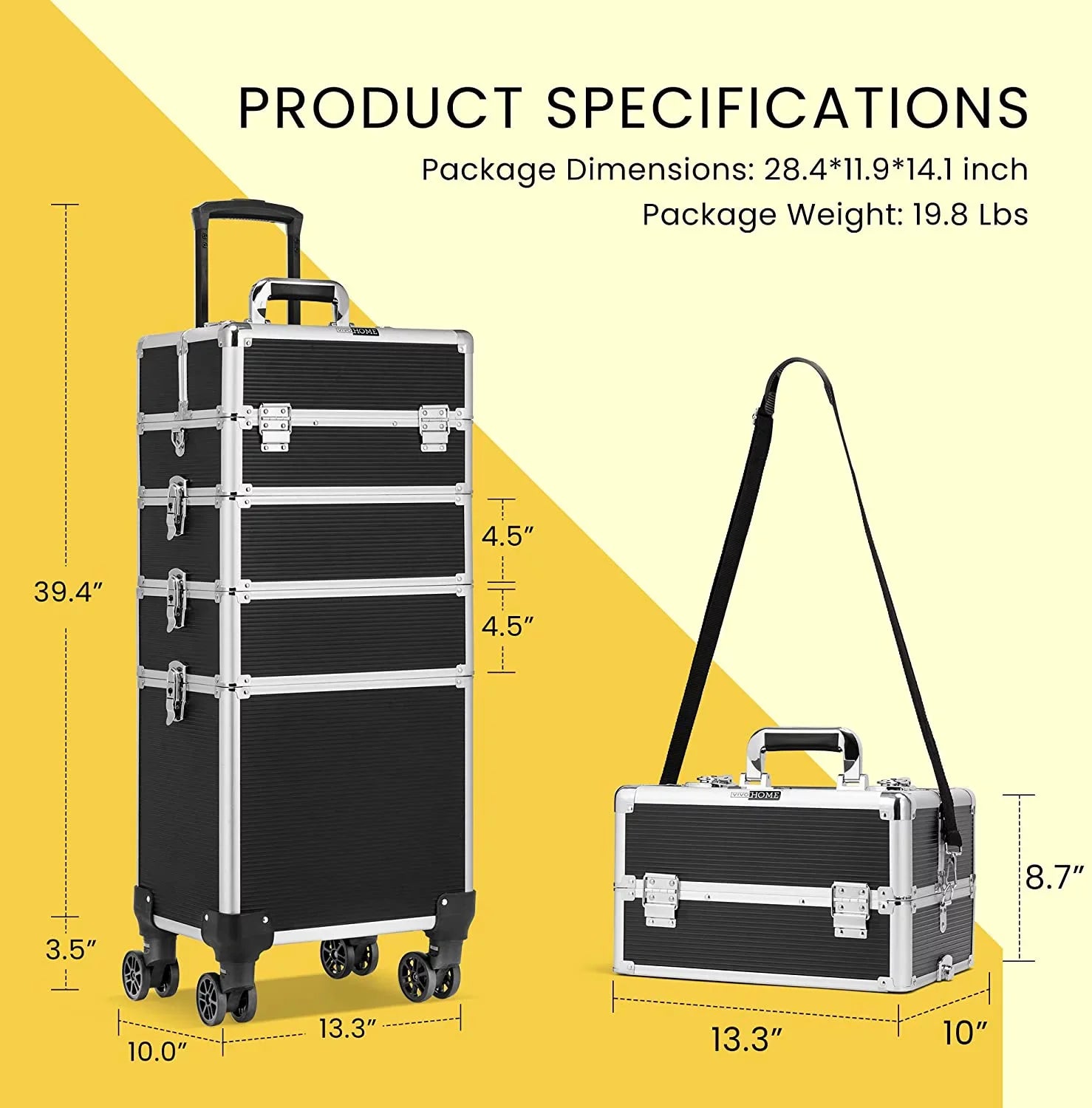 Rolling included) VIVOHOME with not Keys Case Train 4 in Cosmetic Black(Cosmetic are Trolley 2 Straps Shoulder 1 Makeup Aluminum Professional Organizer Box