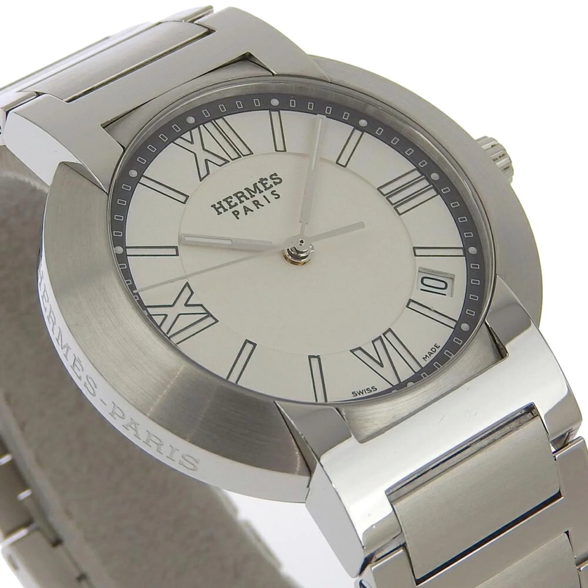 Quartz Stainless Analog White Watch Made Nomad Swiss Steel Pre-Owned Men's NO1.710 Hermes Display Dial Silver (Fair)