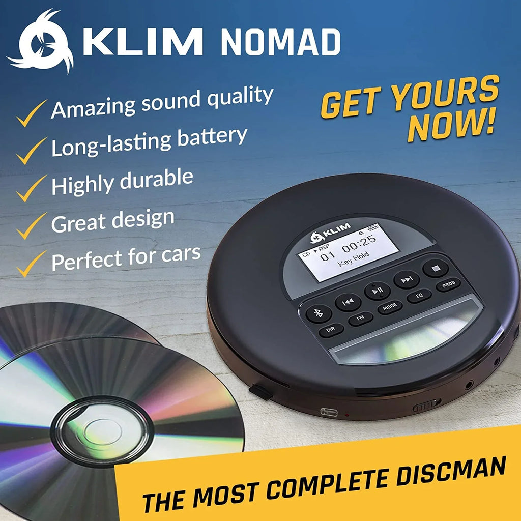 MP3, with Headphones, Battery, Nomad Card, Bluetooth- (Refurbished: Rechargeable Black KLIM for Pre-Owned CD Cars, Good) Ideal Discman FM Radio, TF Portable AM Player Fusion