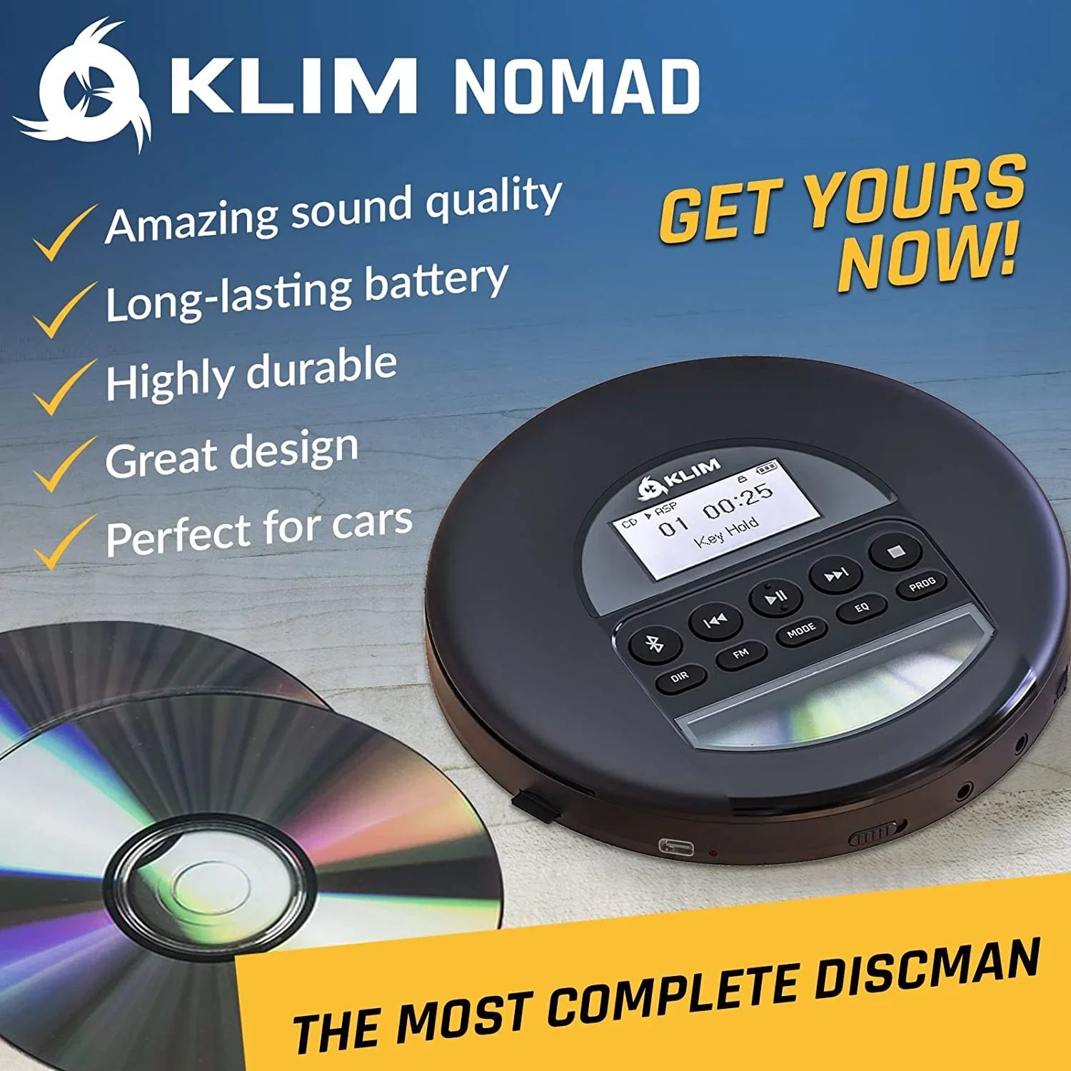 MP3, with Headphones, Battery, Nomad Card, Bluetooth- (Refurbished: Rechargeable Black KLIM for Pre-Owned CD Cars, Good) Ideal Discman FM Radio, TF Portable AM Player Fusion